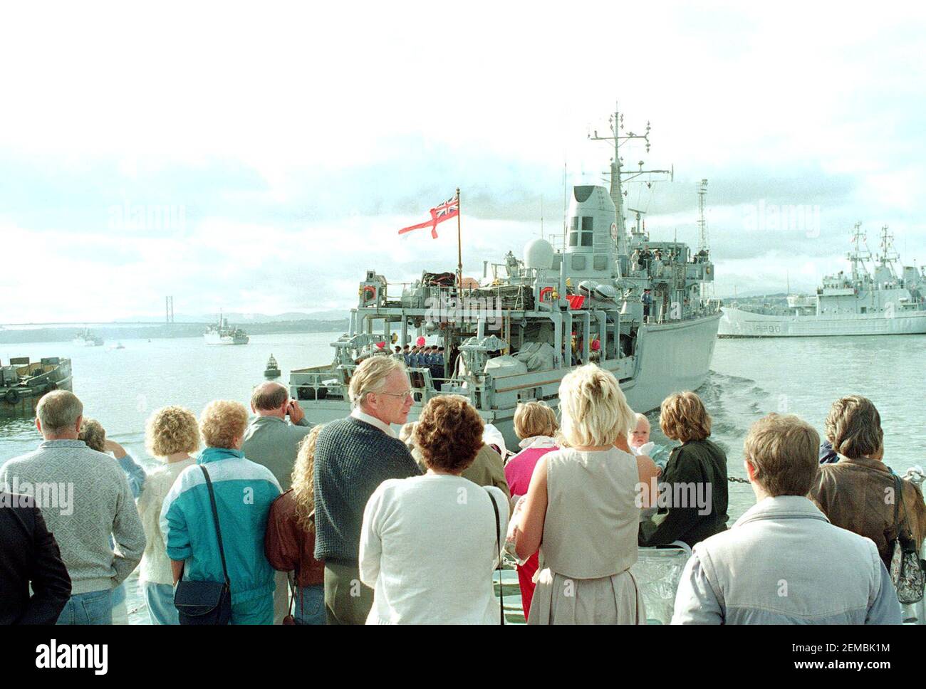 File photo dated 13/08/90 of families bidding farewell to loved ones aboard three Royal Navy mine hunters sailing from Rosyth for the Eastern Mediterranean, as the Gulf crisis continued to escalate, with a coalition naval blockade of Iraq, prior to the start 'proper' of the 1991 Gulf war, signalled by Operation Desert Storm. Issue date: Thursday February 25, 2021. Margaret Thatcher was urged by a government colleague not to embark on a smear campaign against Saddam Hussein at the start of the Gulf War amid concerns over Britain's arms dealings with the Iraqi regime, previously classified paper Stock Photo