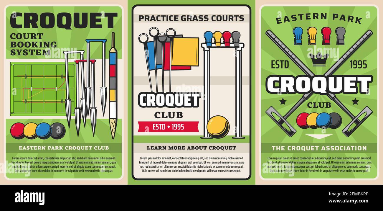 Croquet sport equipment items, club tournament game mallet and ball