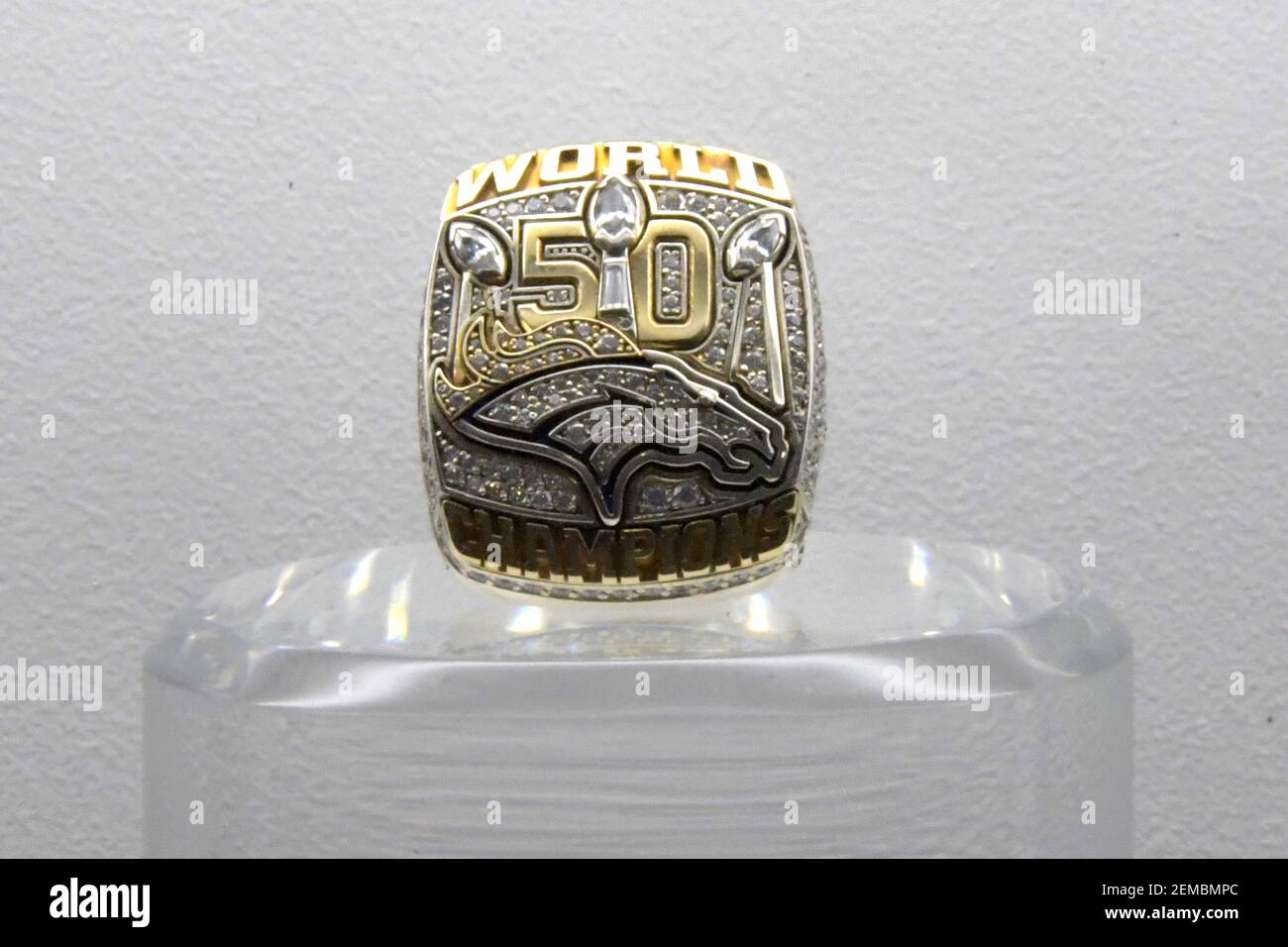 Feb 2, 2019; Atlanta, GA, USA; Detailed view of Super Bowl 50 ring to  commemorate the Denver Broncos 24-10 victory over the Carolina Panthers at  Levi's Stadium in Santa Clara, Calif. on