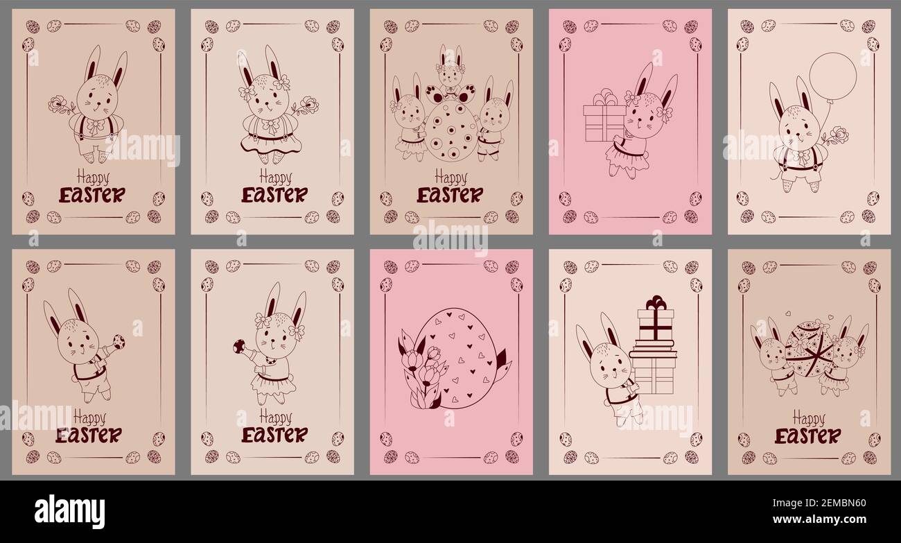 Set of postcards Happy Easter - with cute Easter bunnies. Hare, a boy in shorts, a girl with flower, a family with a child, an Easter egg, gifts and Stock Vector