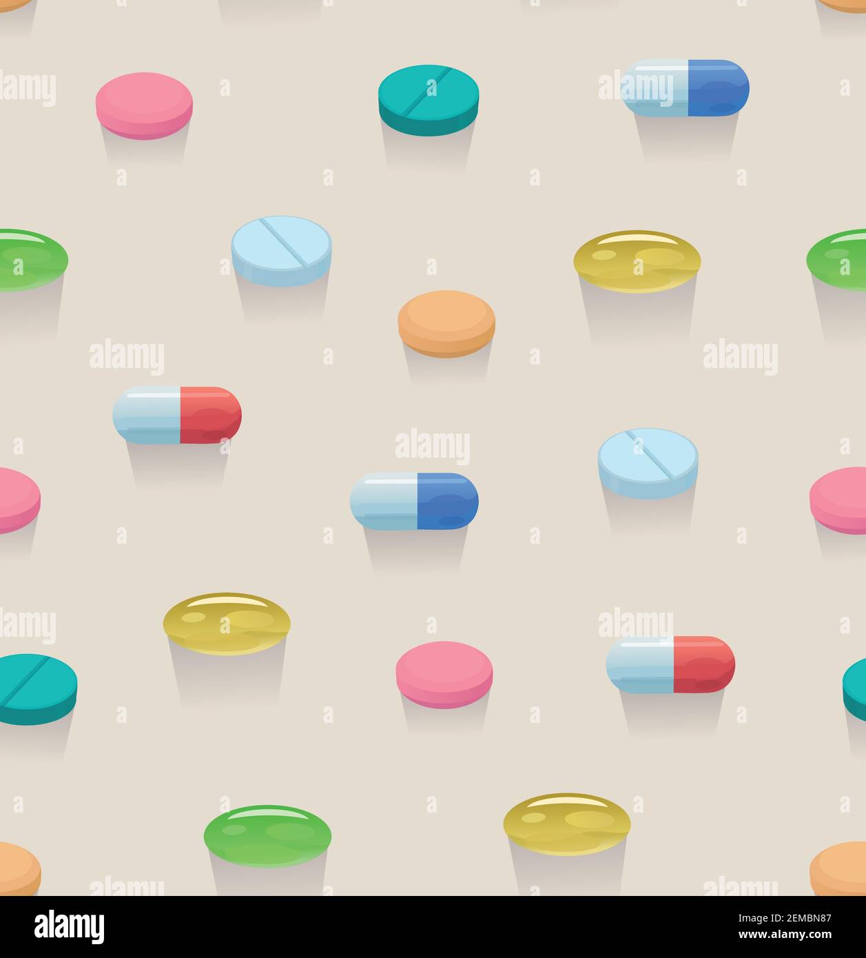 Seamless pattern with colorful bright pills and capsules. Stock Vector