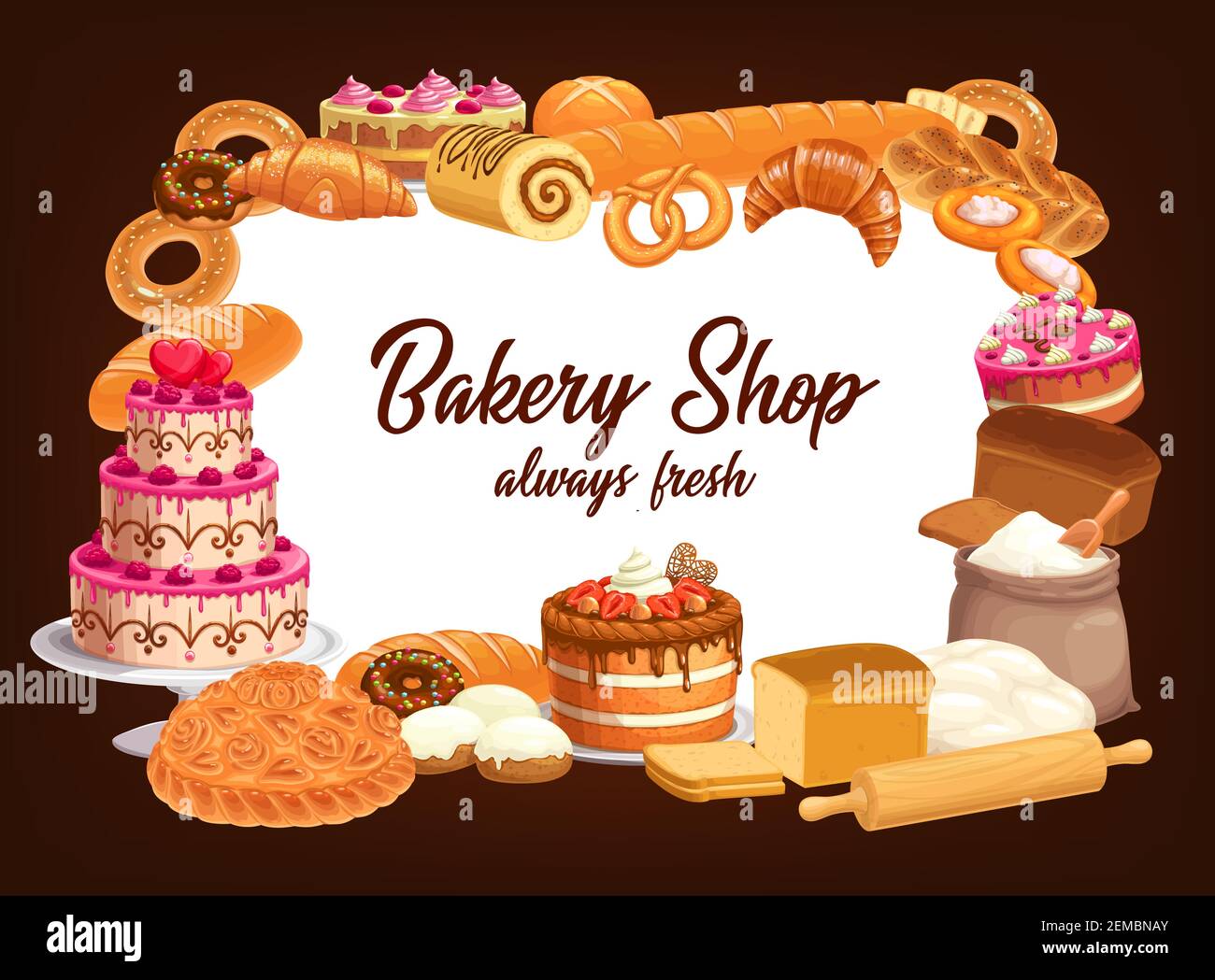 Bakery shop bread, sweet desserts and cafeteria pastry cakes frame