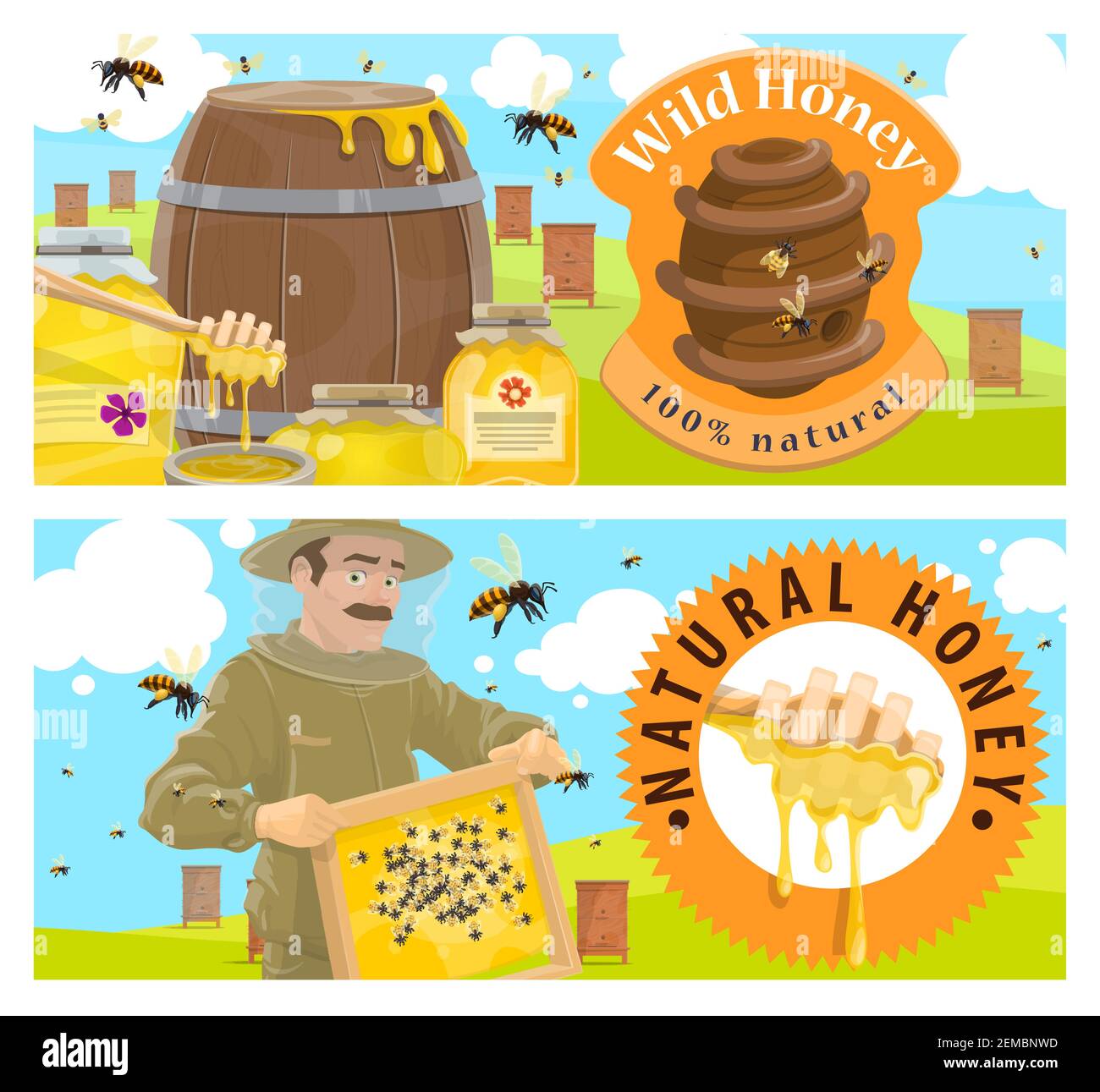 Beekeeping farmer, apiary honey vector banner. Agriculture apiculture and beekeeper hobby. Beekeeper in protective clothing holding a comb frame, wild Stock Vector