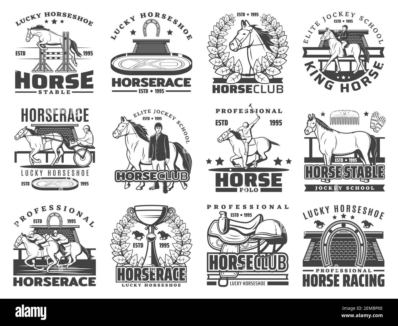 Horse race, polo and equestrian sport club vector icons. Isolated racehorses, jockeys, hippodrome and competition trophy cups, horseshoes, saddle, whi Stock Vector