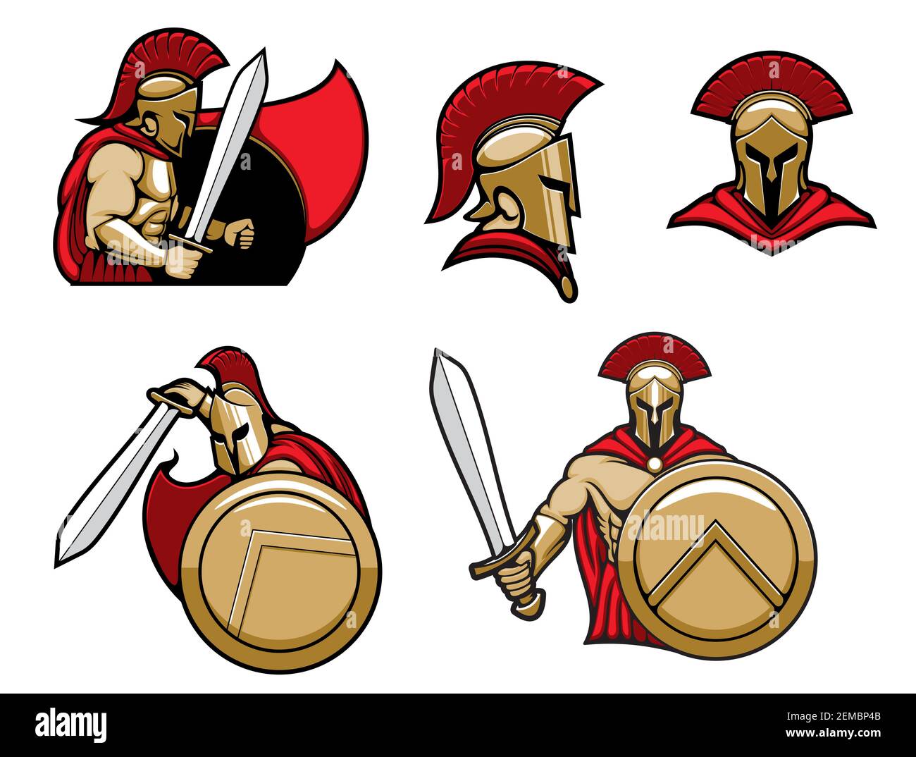 Spartan warrior in helmet with shield and sword, vector heraldic icons. Greek Spartan or Roman Gladiator warrior knight in red cape and golden helmet Stock Vector
