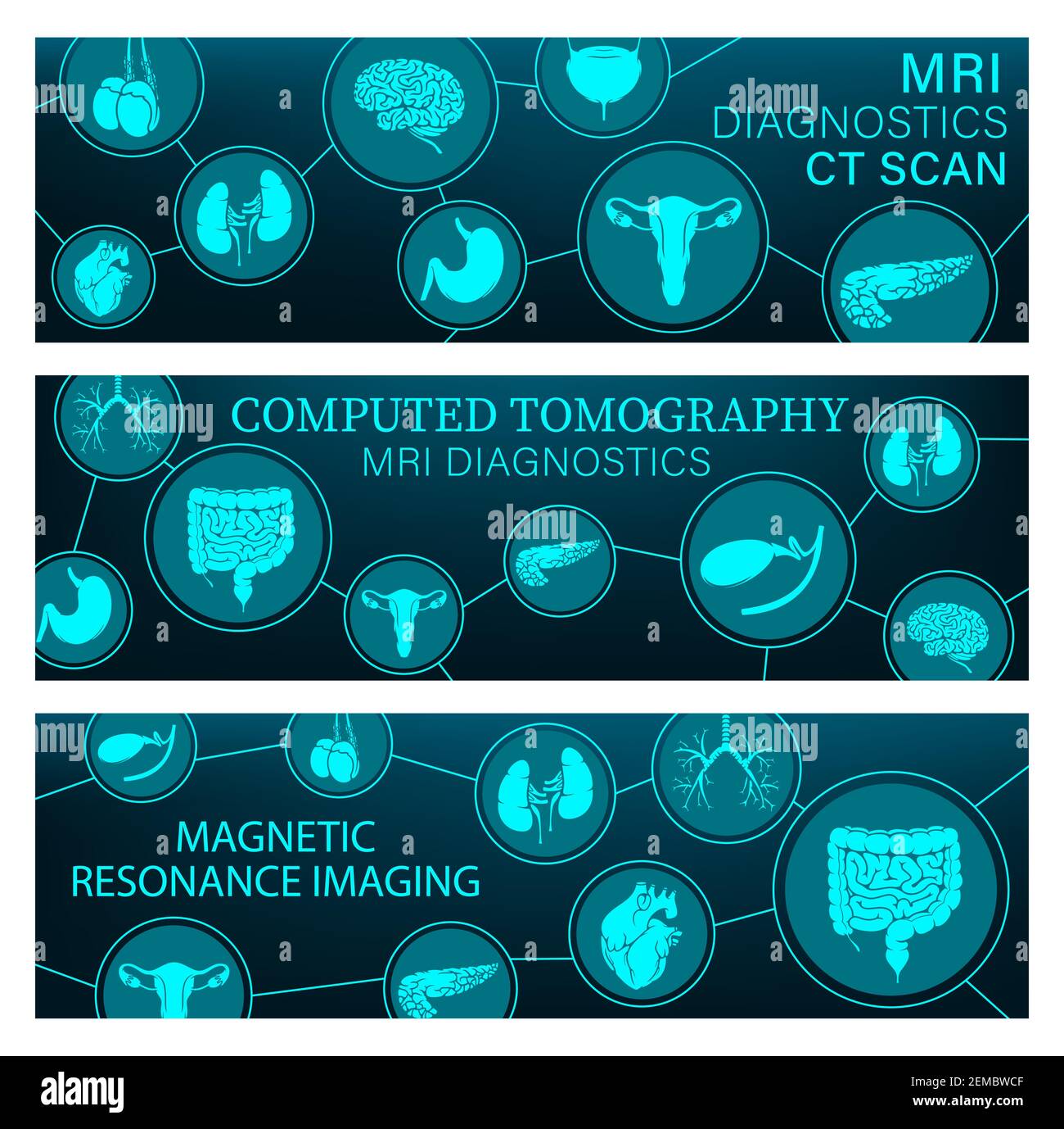 MRI diagnostics and CT scans of organs, brain and heart vector banners of diagnostic medicine. Magnetic resonance imaging and computed tomography scan Stock Vector