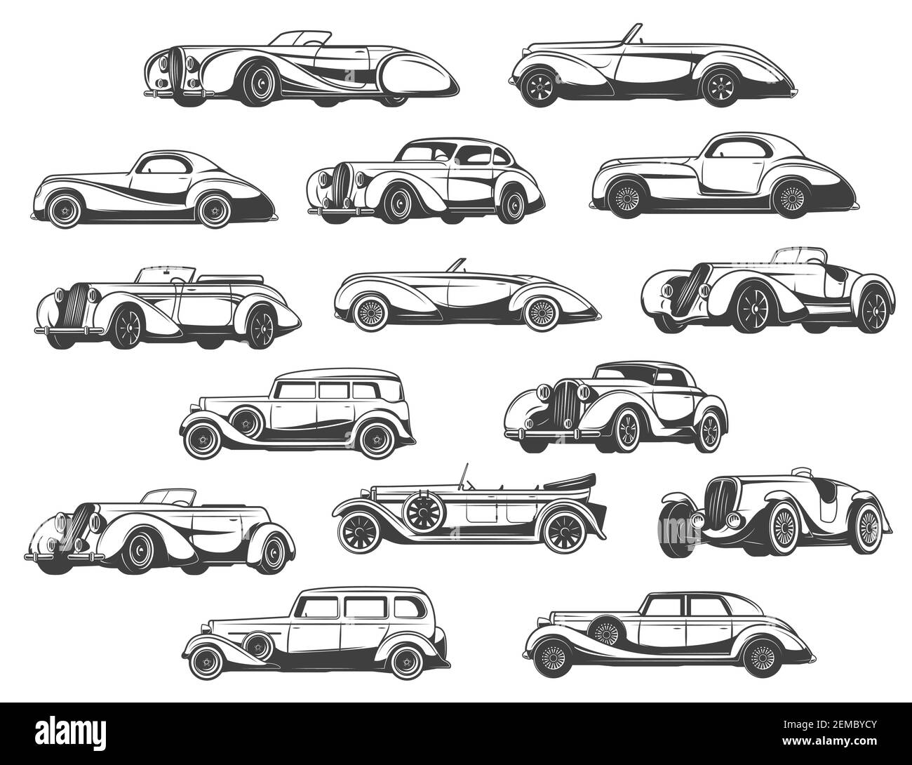 Retro cars set vintage classic antique auto, automobile vehicle models vector icons. 1950s, 1960s and 1930s retro cars models, convertible coupe and l Stock Vector