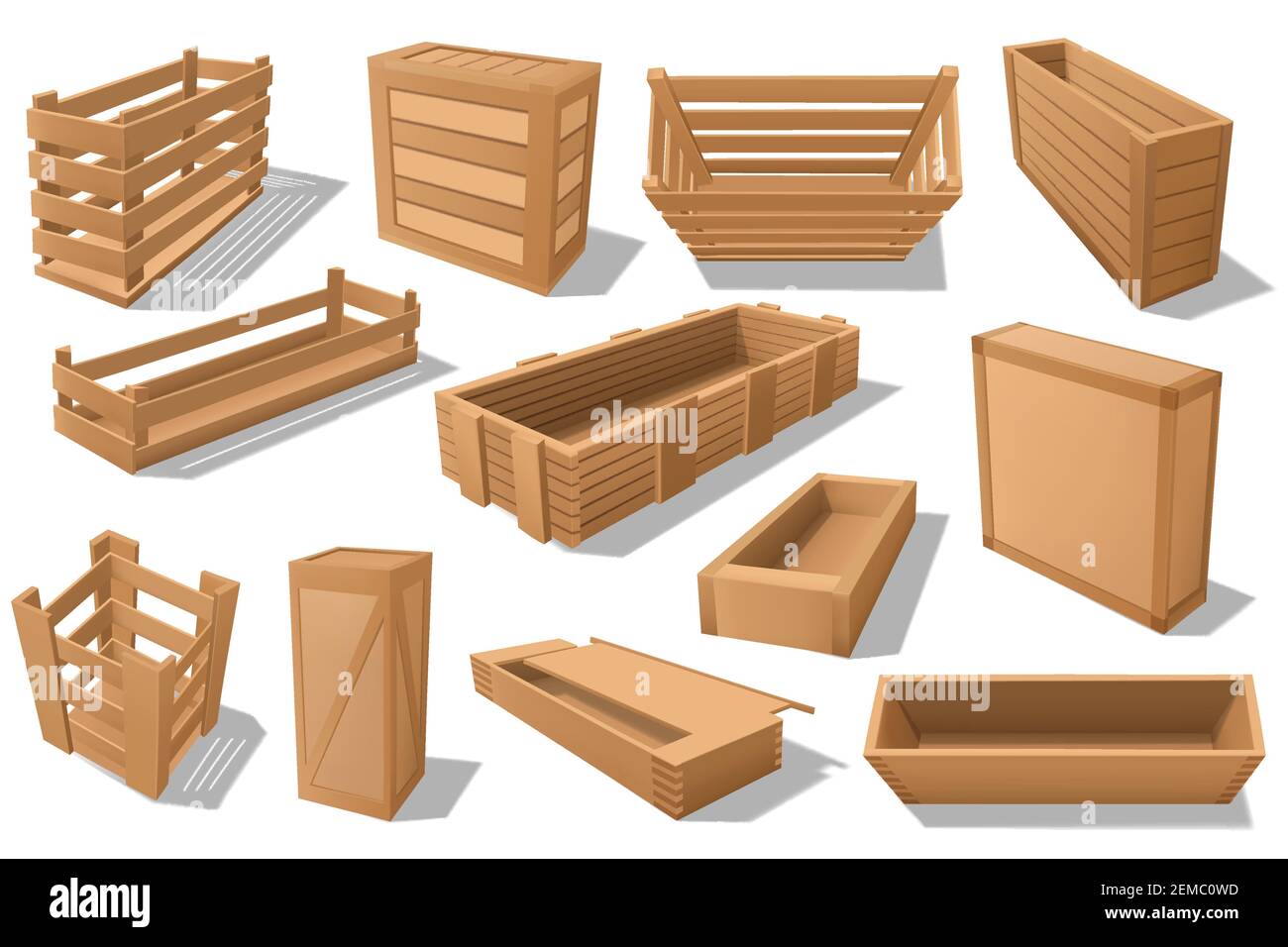 Wooden box, container, packages and realistic crate. Cargo delivery, shipping and storage theme vector. Wood cases and packages, shipping containers, Stock Vector