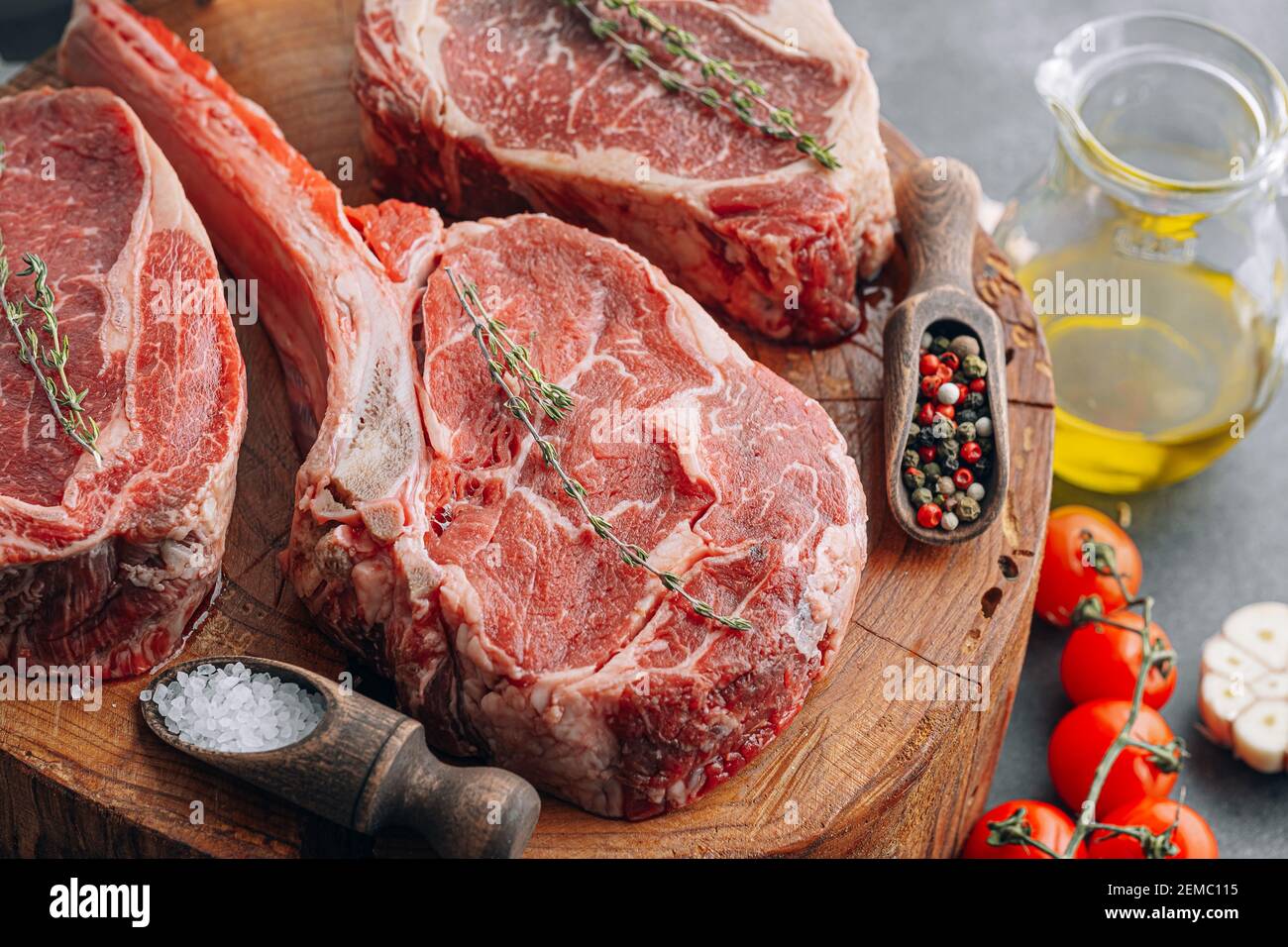 Fresh raw Prime Black Angus beef steaks. Variety of raw beef meat