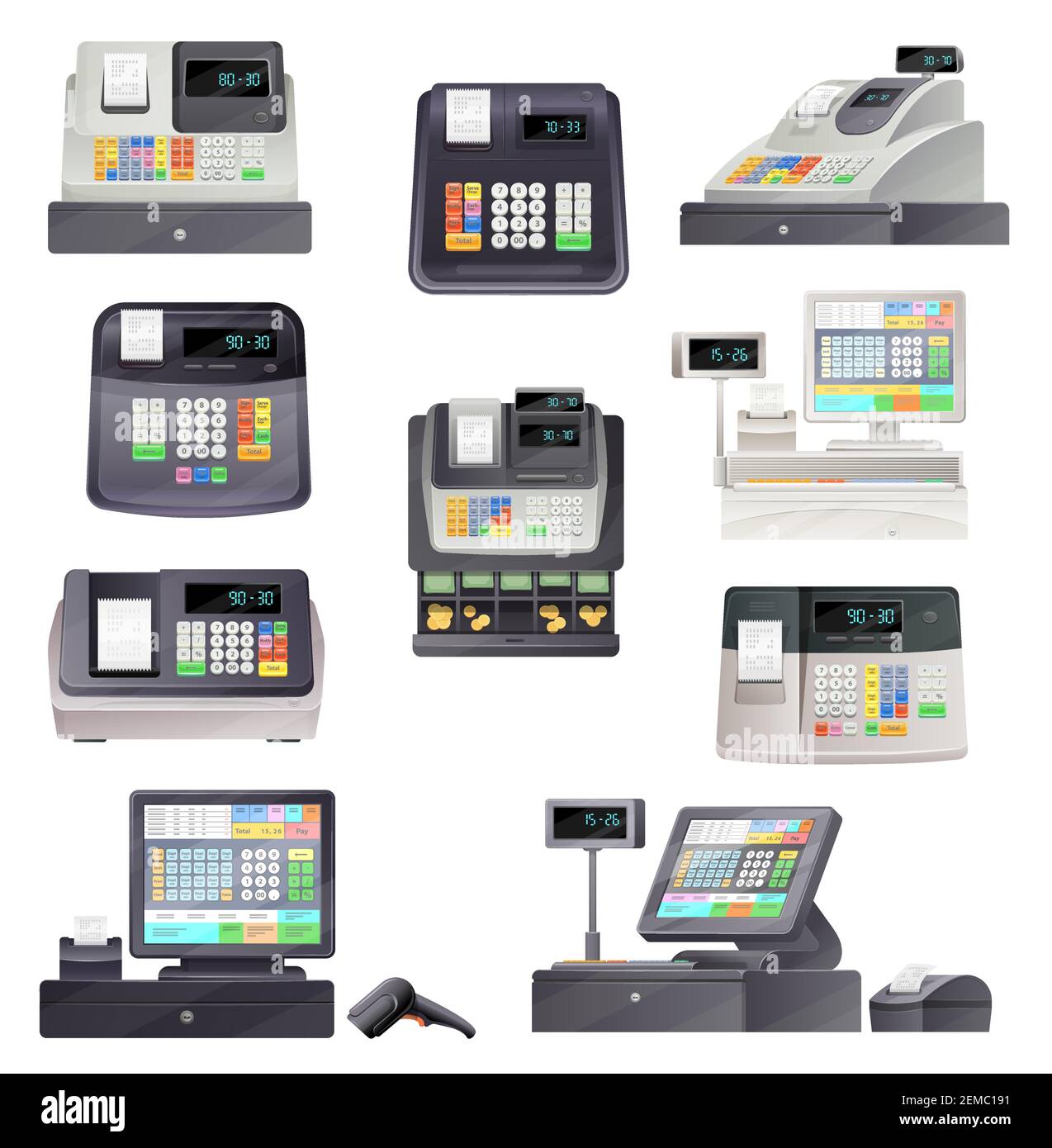 Cash register machine terminal, scanner and checkout counter. Vector retail point and pos terminal sale equipment. Cashiers of store with money boxes, Stock Vector