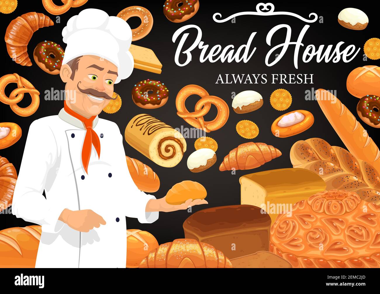 Baker with bread and bakery shop food. Vector pastry chef, white hat ...