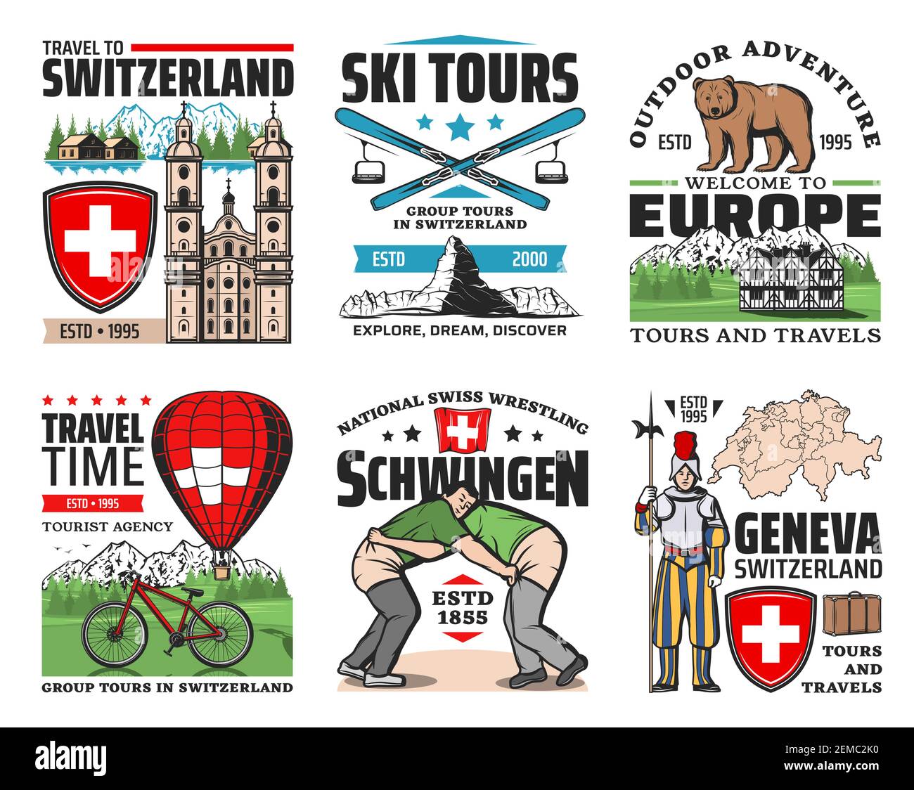 Switzerland travel, tours, landmarks and attractions sightseeing trip icons. Switzerland map, castles and temples architecture, Schwingen Swiss wrestl Stock Vector