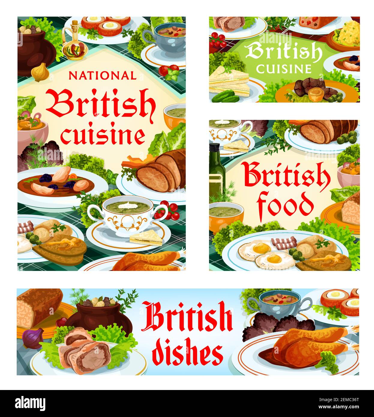 Britain cuisine, English food vector kok-e-liki scotch soup, scotch smoked trout plate and kidney soup, beef wellington meals. Candied fruit pie, cucu Stock Vector