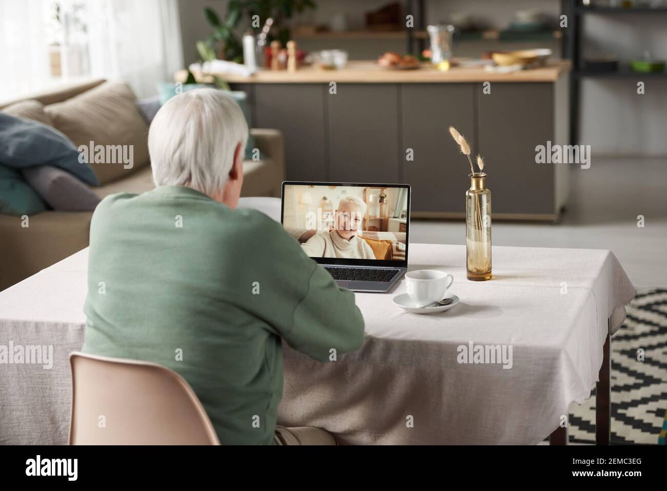 Rear view of senior man using laptop for online communication with woman while sitting at the table in the room Stock Photo