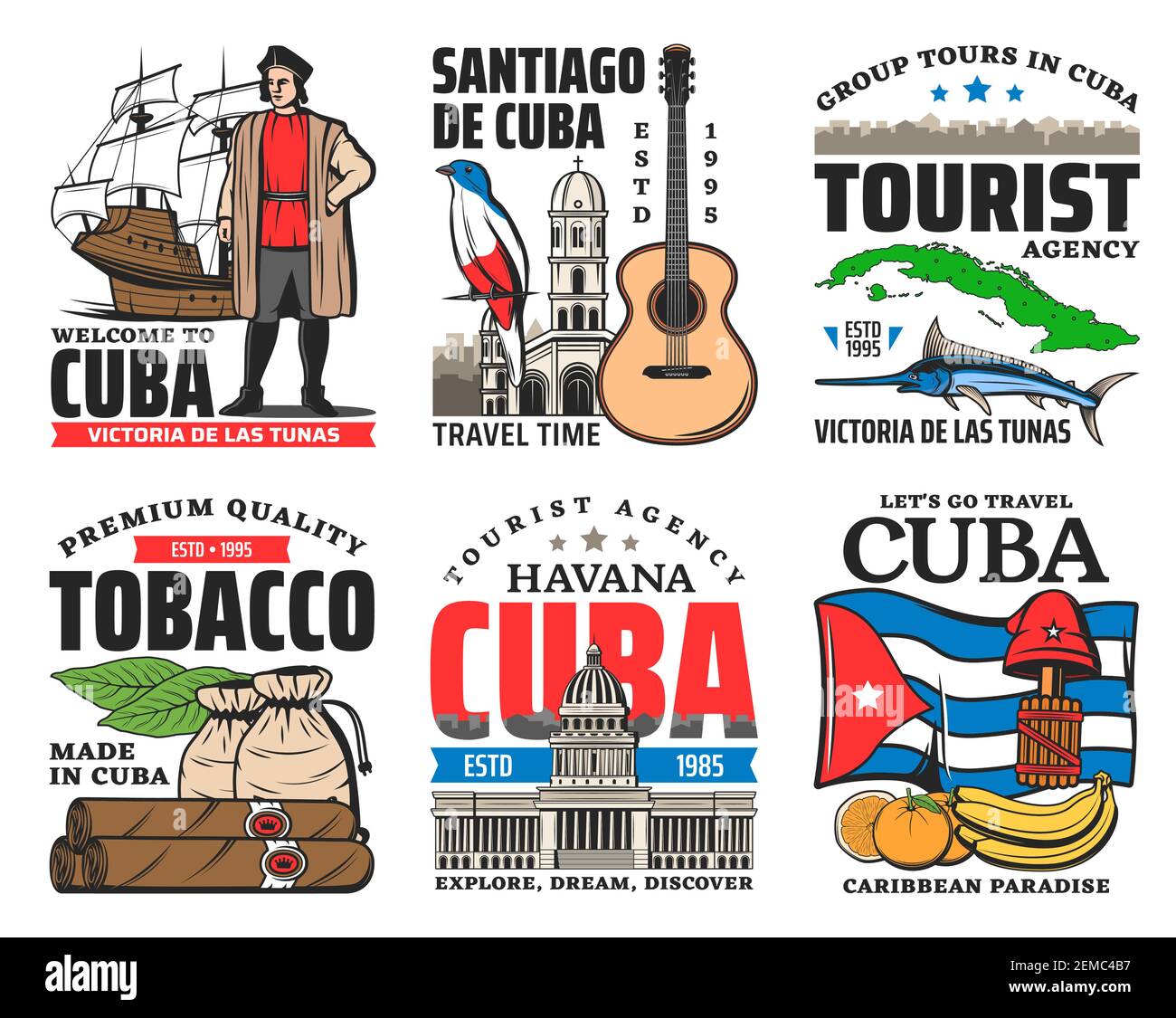 Cuba travel and tourism vector icons. Cuban flag, map and island travel landmark, Havana cigars and tobacco leaves, caribbean banana and oranges, guit Stock Vector