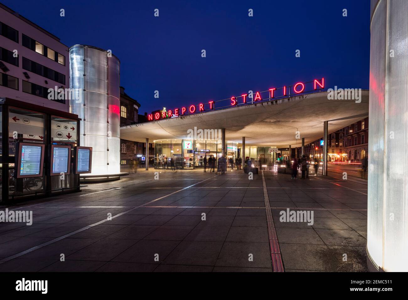 Night photo from the busy train station Nørreport in Copenhagen. Stock Photo
