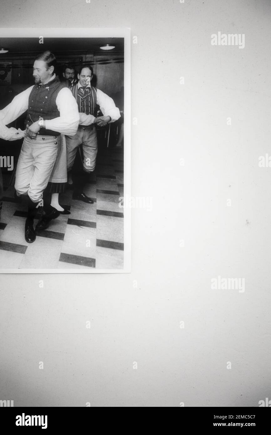 Directly above of photograph of Swedish dancers in costume, Stockholm 1975. Concept of teamwork, togetherness, nostalgia, enjoyment, motion, movement Stock Photo