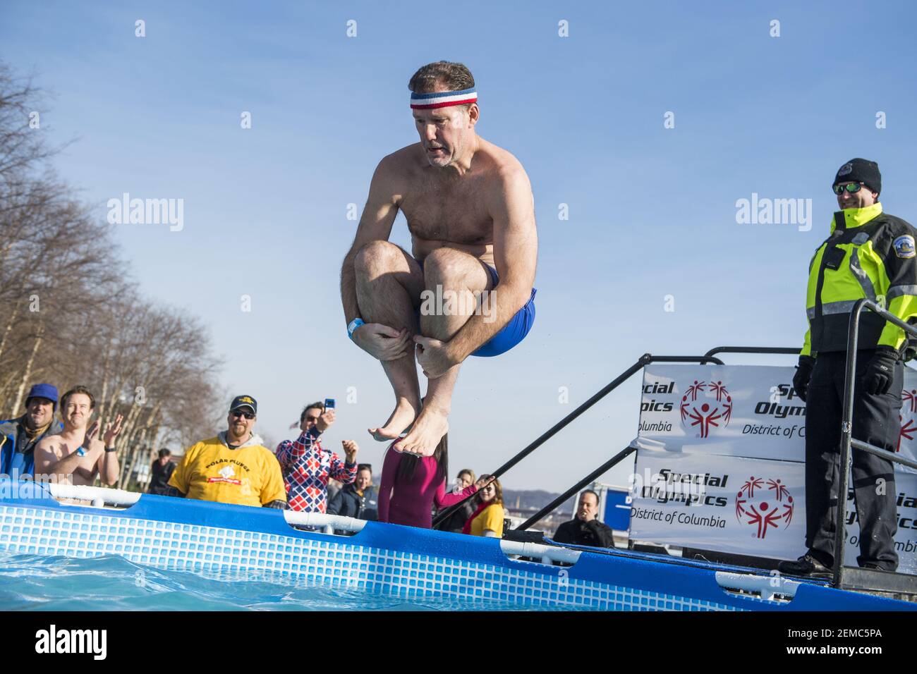 UNITED STATES - FEBRUARY 02: Political strategist Doug Heye participates in the Polar Plunge fundraiser to benefit the Special Olympics DC, at the Yards Park on Saturday, February 2, 2019. Heye's team, Cobra Kai, raised over $8000. (Photo By Tom Williams/CQ Roll Call) Stock Photo