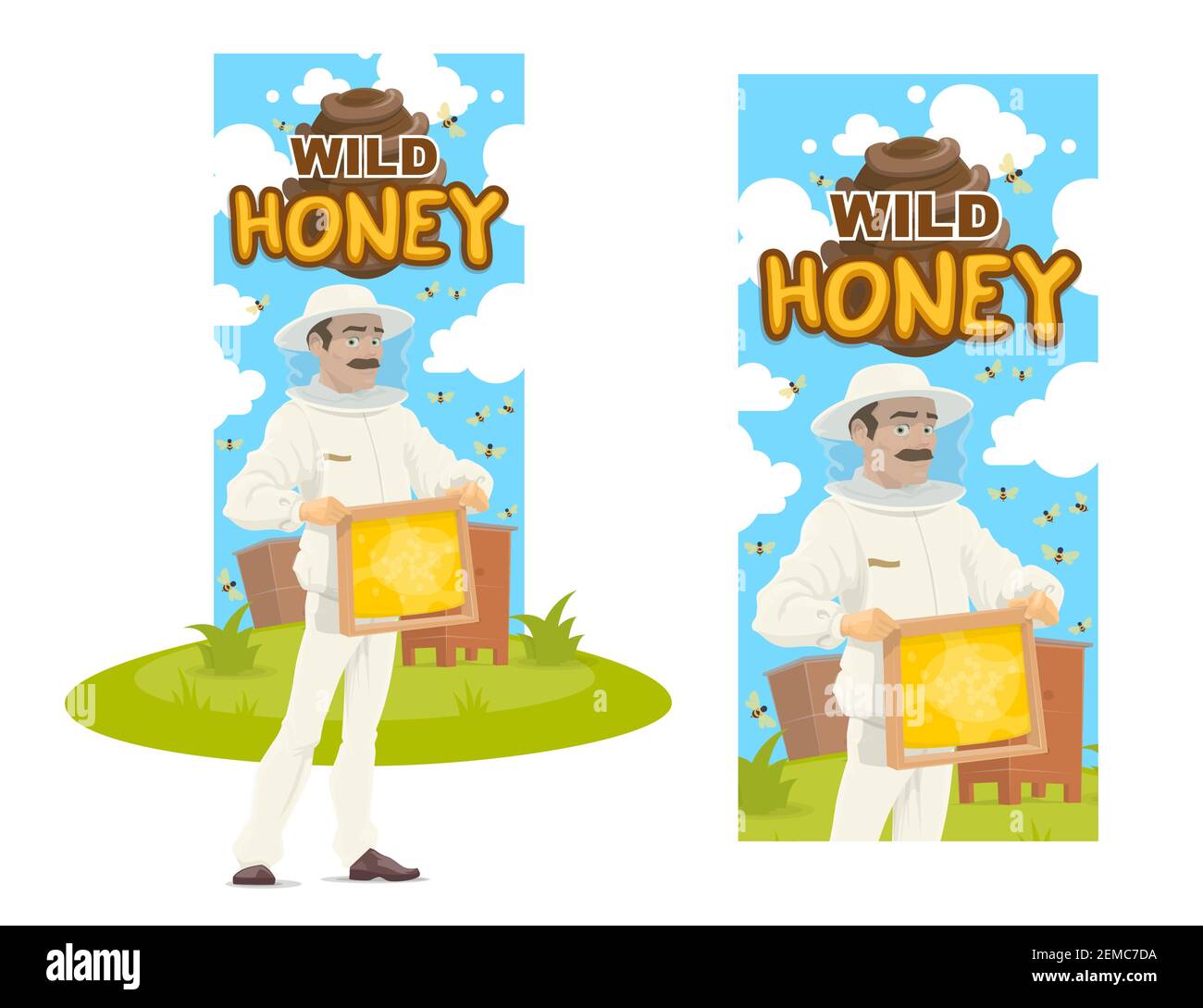 Beekeeper with honeycomb on apiary. Vector banner honey production, beekeeping hobby. Man in protective clothing, veil on hat working on apiary, stand Stock Vector
