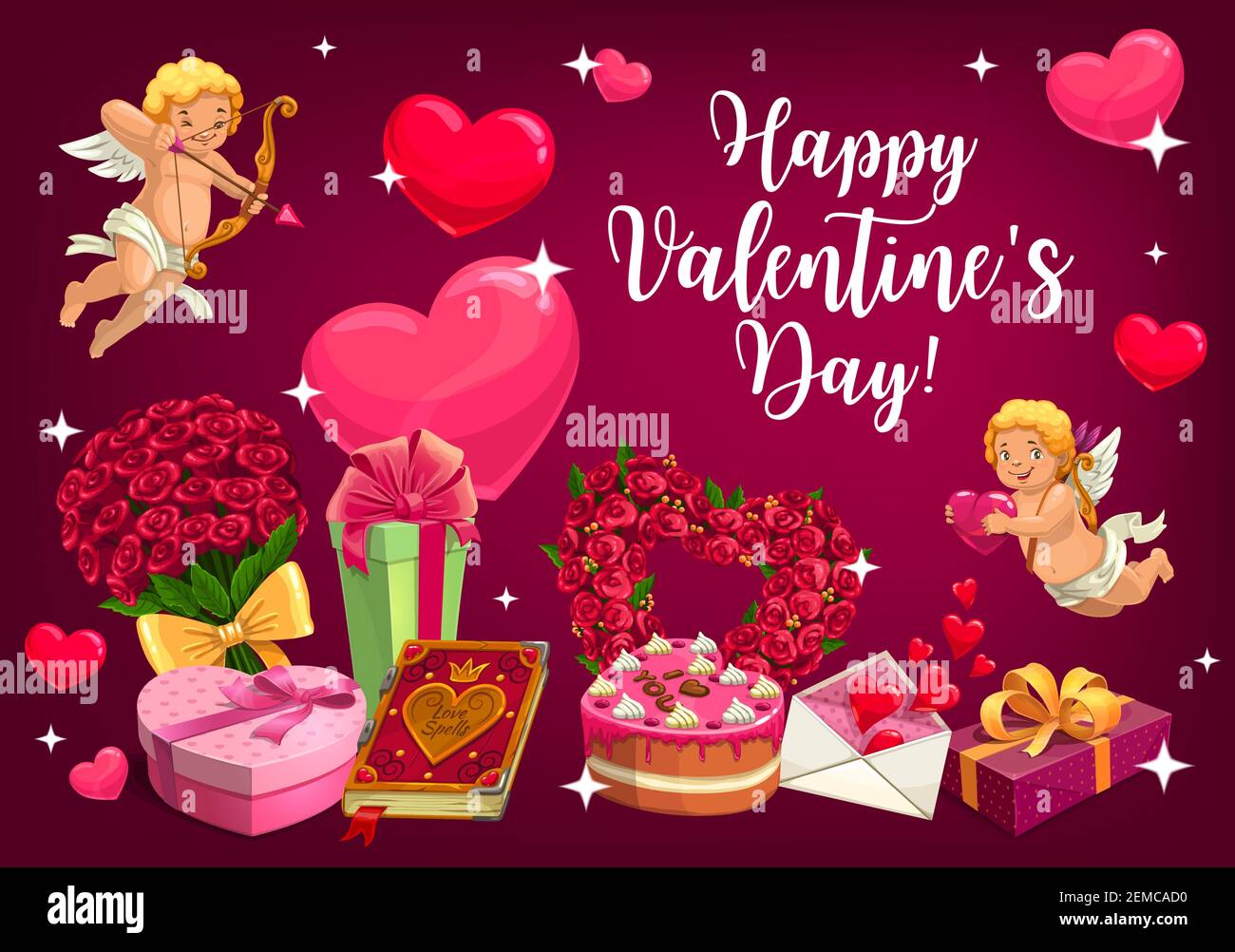 Happy Valentines day poster of cupids with golden bow arrows and hearts.  Vector Valentine day I love You quote on cake, rose flowers and love  message Stock Vector Image & Art -
