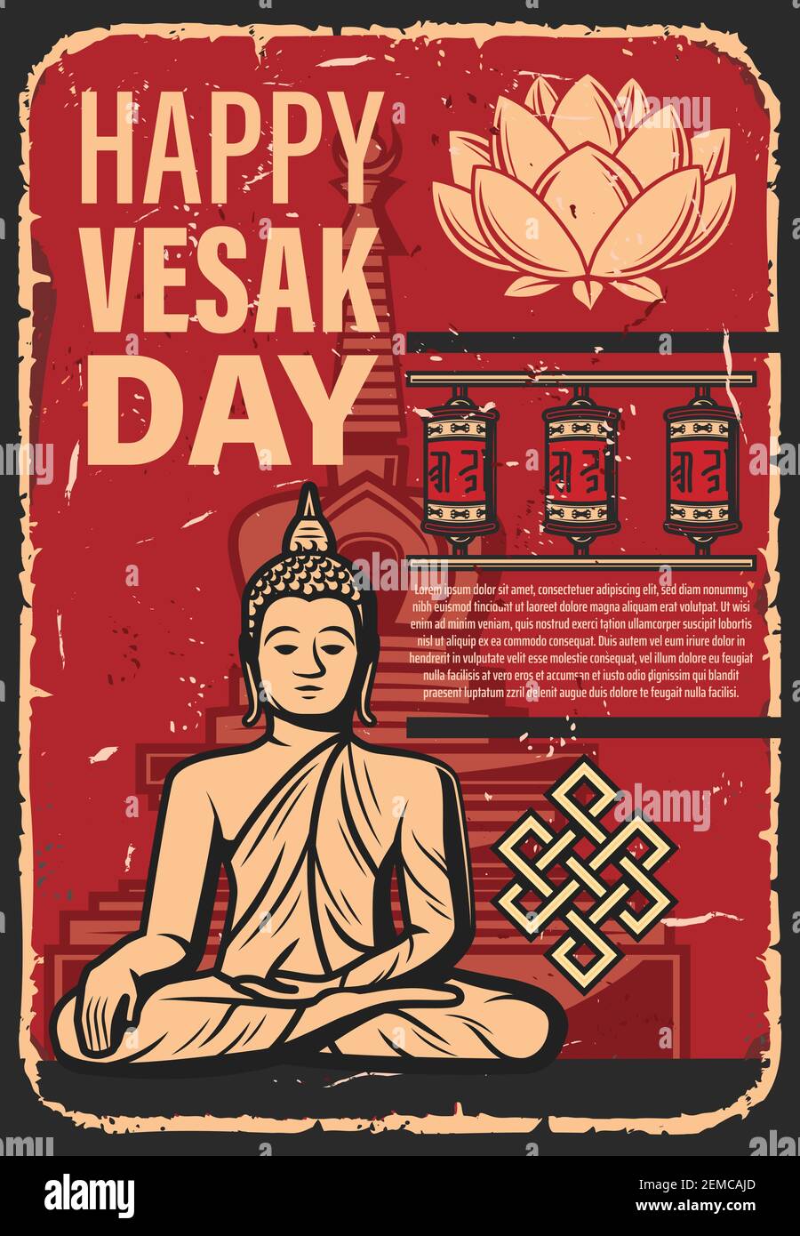 Vesak Day holiday of Buddhism religion. Vector Buddha statue, lotus