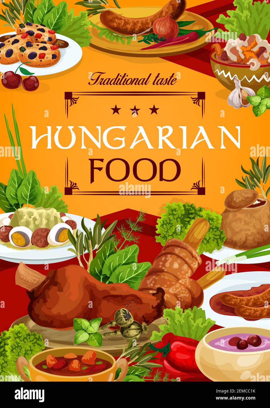 Hungary cuisine vector Hungarian food sausages with spicy sauce and