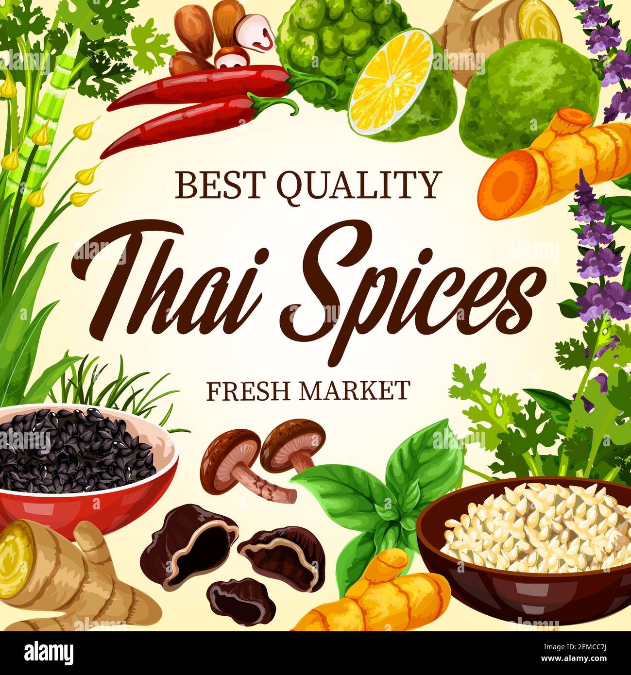 Thai cooking spices, herbs and Asian cuisine herbal seasonings, farm