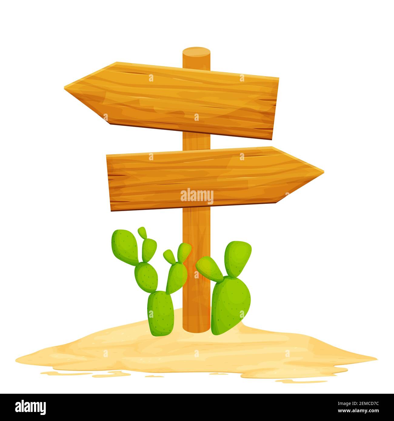 Wood directional billboard with desert sand and cactus isolated on