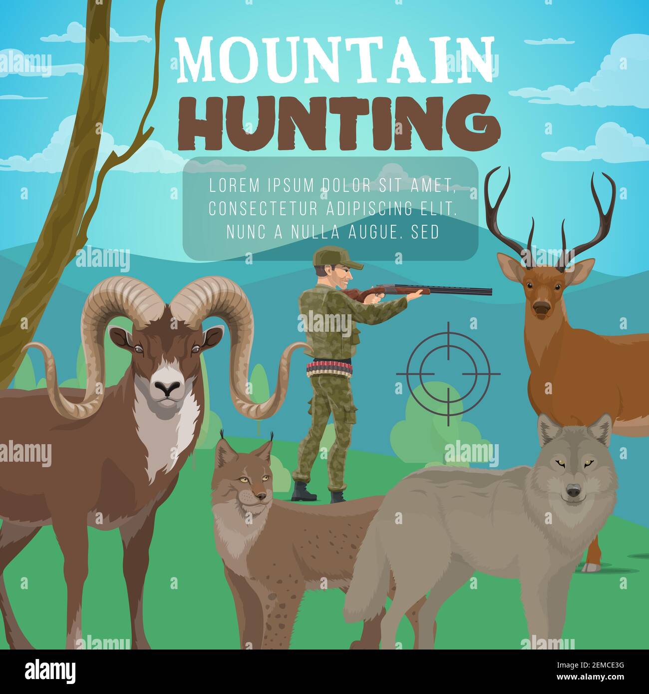 Mountain hunting, forest deer and wild animals, hunter with rifle