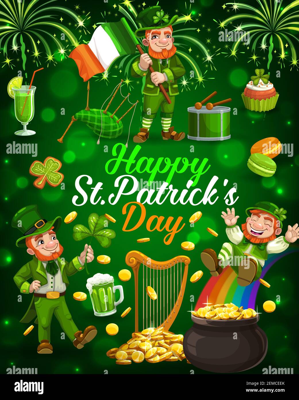 Patricks Day cartoon leprechauns with shamrock, Irish flag and gold pot on rainbow vector greeting card. Golden coins, green ale beer and clover leave Stock Vector