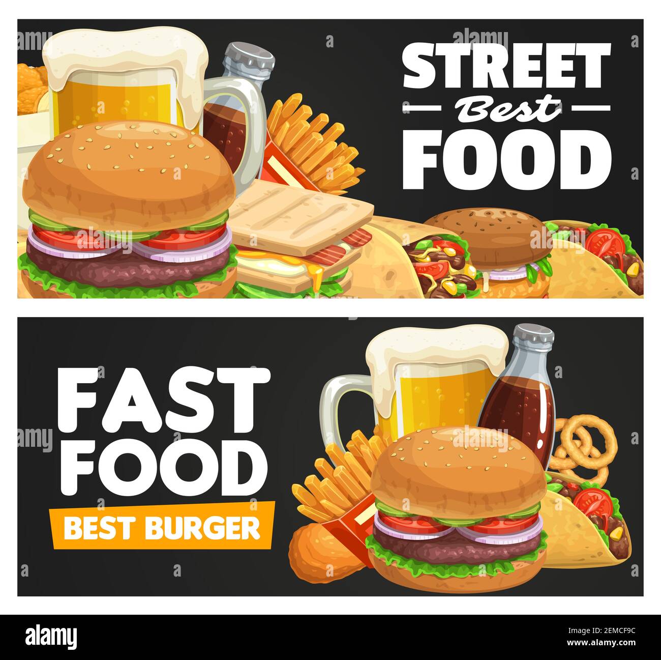 Fast food meals and snacks vector banner. Beer tankard, beef and turkey hamburger, sandwich, burrito and tacos, french fries, fried chicken legs and o Stock Vector