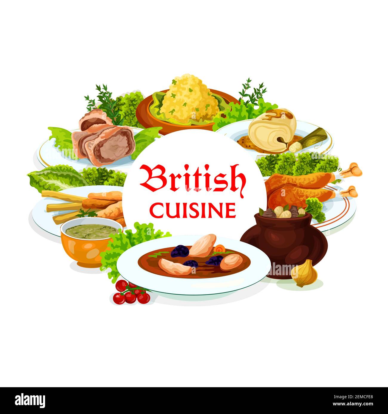Britain cuisine vector meals kok-e-liki scotch soup, cod with sauce and smoked trout plate, beef wellington, broccoli and vegetable puree. Rabbit stew Stock Vector