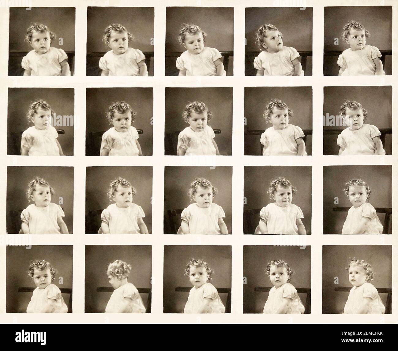 1943 wartime non standard polyphoto type of photographic contact sheet taken in a booth or studio possibly cut out of a full 48 image standard set showing black and white portraits of a one year old baby girl in various poses for customer to supposedly order selected images at a larger size this is an historical archive image of the way we were in 1940s Essex England UK Stock Photo