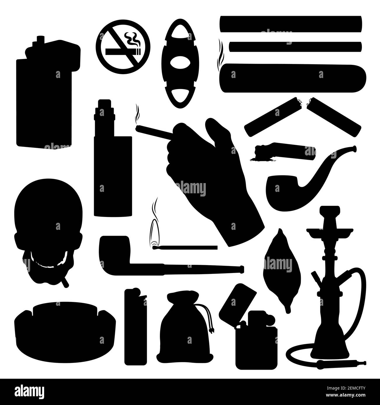 Smoking Silhouettes Tobacco Cigarettes Cigar And Vapes Vector Icons Smoking Pipe And Tobacco Bag Hookah Shisha And Ashtray Cigar Cutter Matches Stock Vector Image Art Alamy