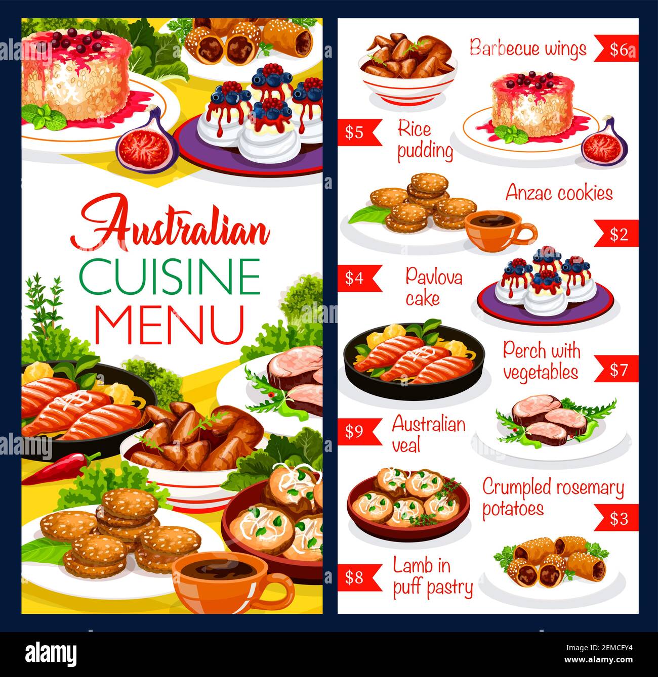Australian cuisine food dishes chicken, fish and pastry traditional vector. Australia authentic food chicken wings barbecue, Anzac cookie Stock Image & Art -
