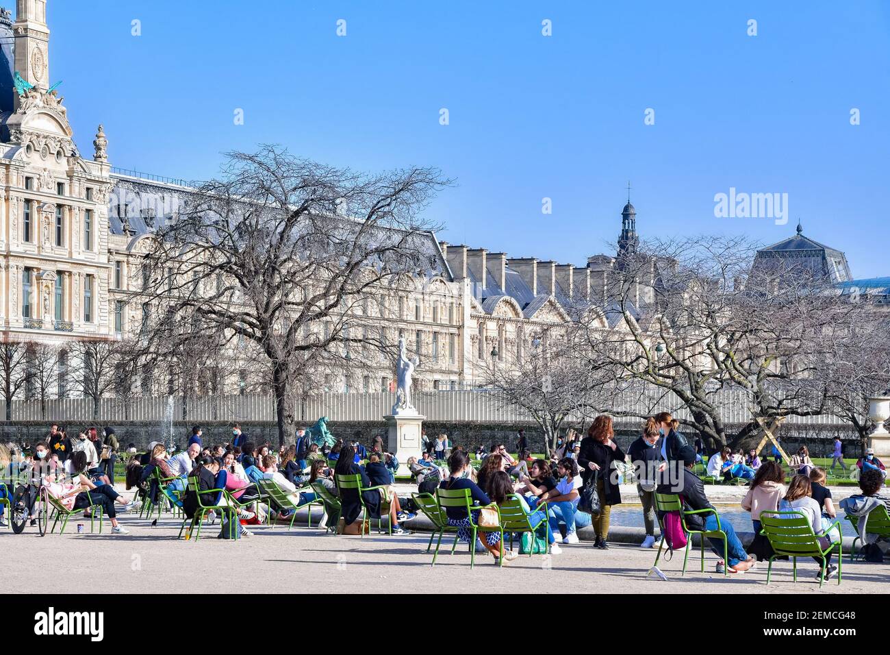 Parisians enjoy the Tuileries Garden despite pandemic Covid-19, with the beautiful warm spring weather in Paris, France on February 24, 2021. Photo by Jana Call me J/ABACAPRESS.COM Stock Photo