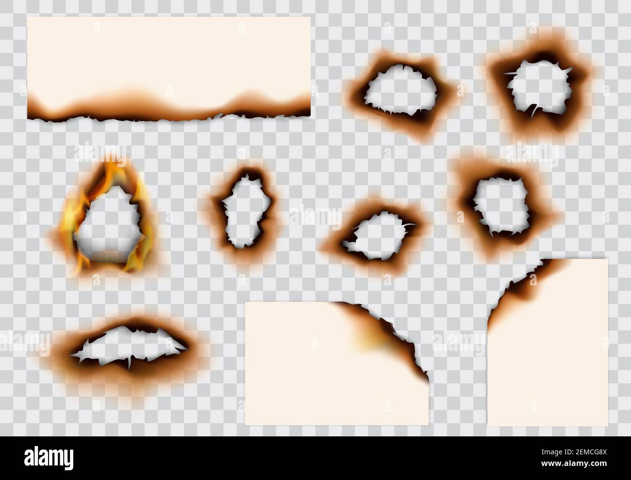 Burnt paper hole, page edges and corners. 3d vector with realistic fire flames, ashes and brown burns. Destroyed paper or parchment with cracked and d Stock Vector
