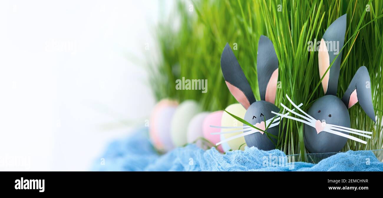 Cute creative photo with easter eggs, some eggs as the Easter Bunny Stock Photo