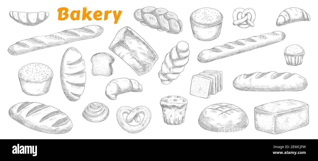 Bakery, pastry and bread isolated vector sketch icons. Engraved bake ...