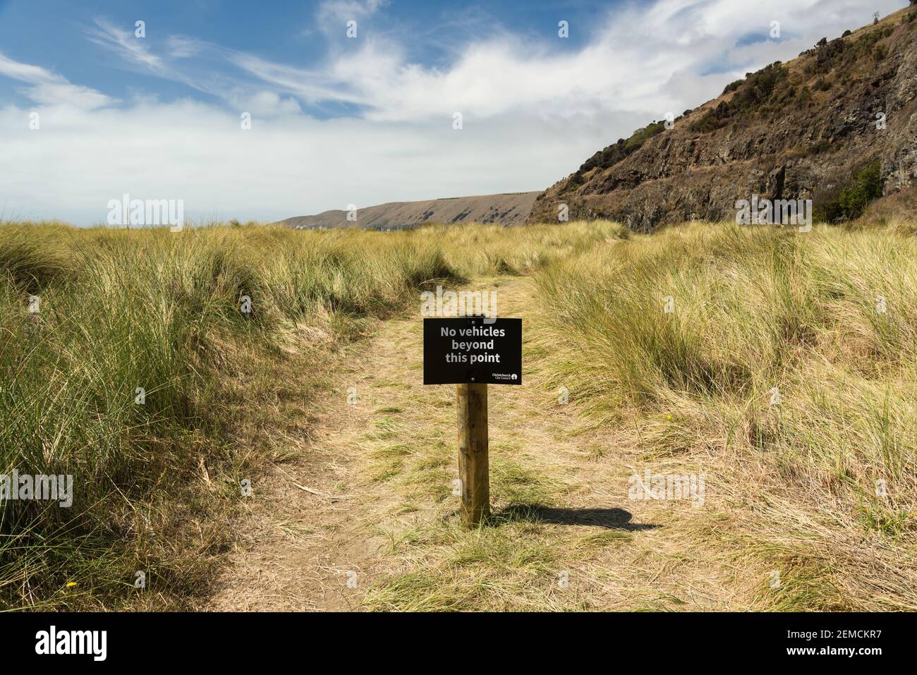 No Vehicle Access to sand dune restoration area at Okains Bay Banks Peninsula South Island New Zealand Stock Photo