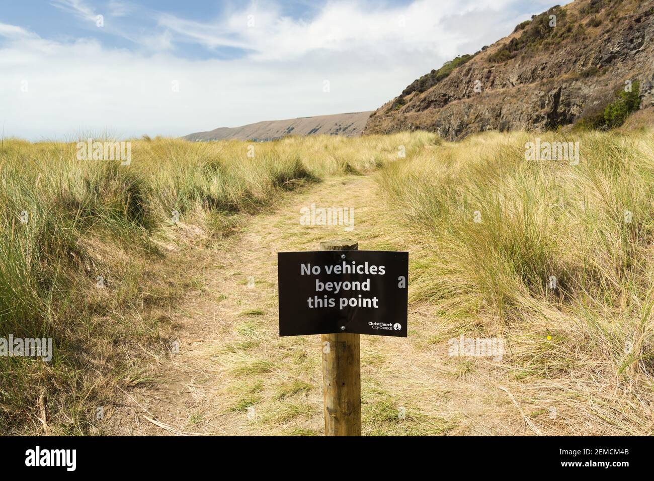 No Vehicle Access to sand dune restoration area at Okains Bay Banks Peninsula South Island New Zealand Stock Photo