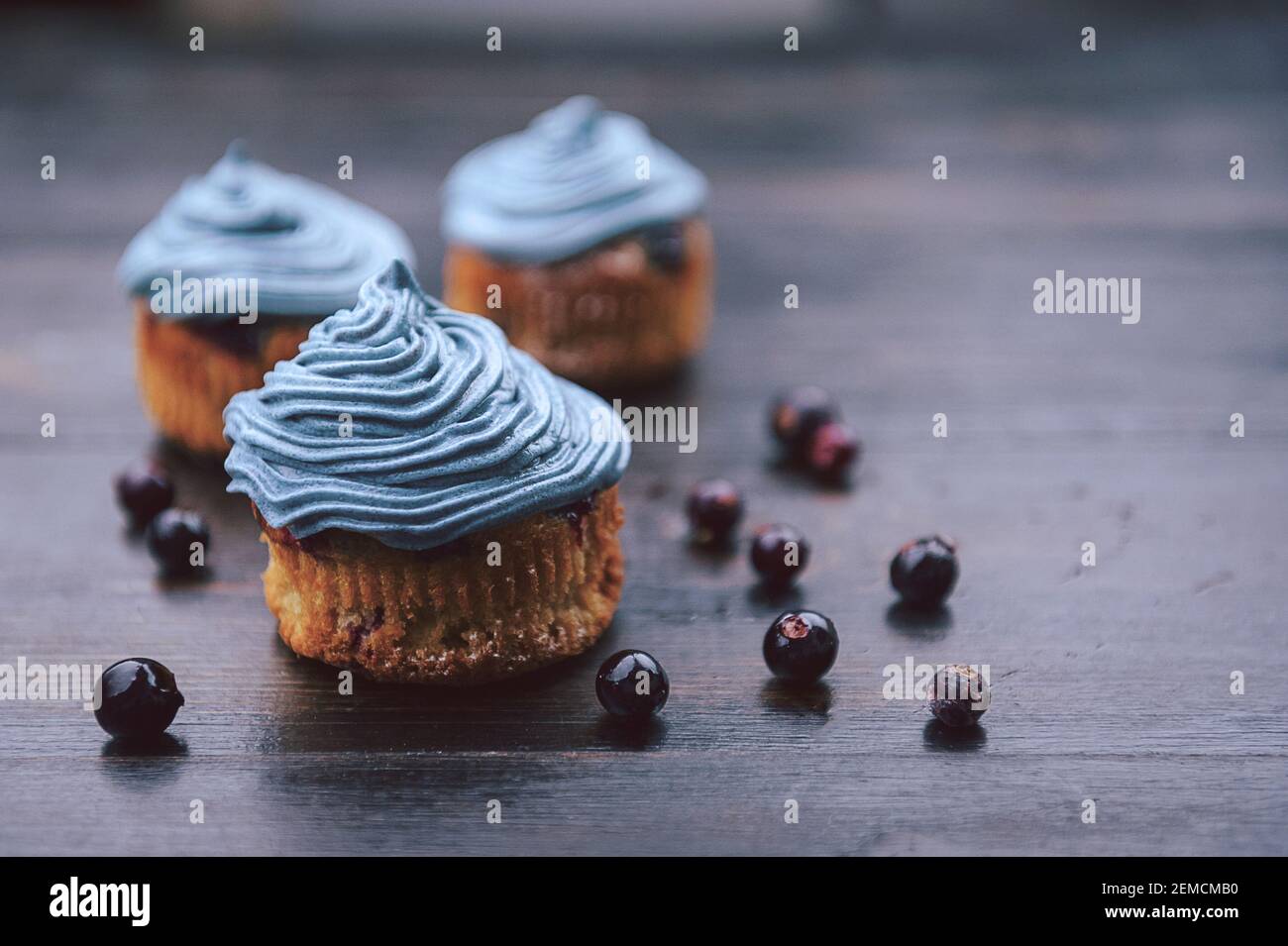 muffin with currants on a dark background next to the berries on the branches. in a rustic style. dark style Stock Photo