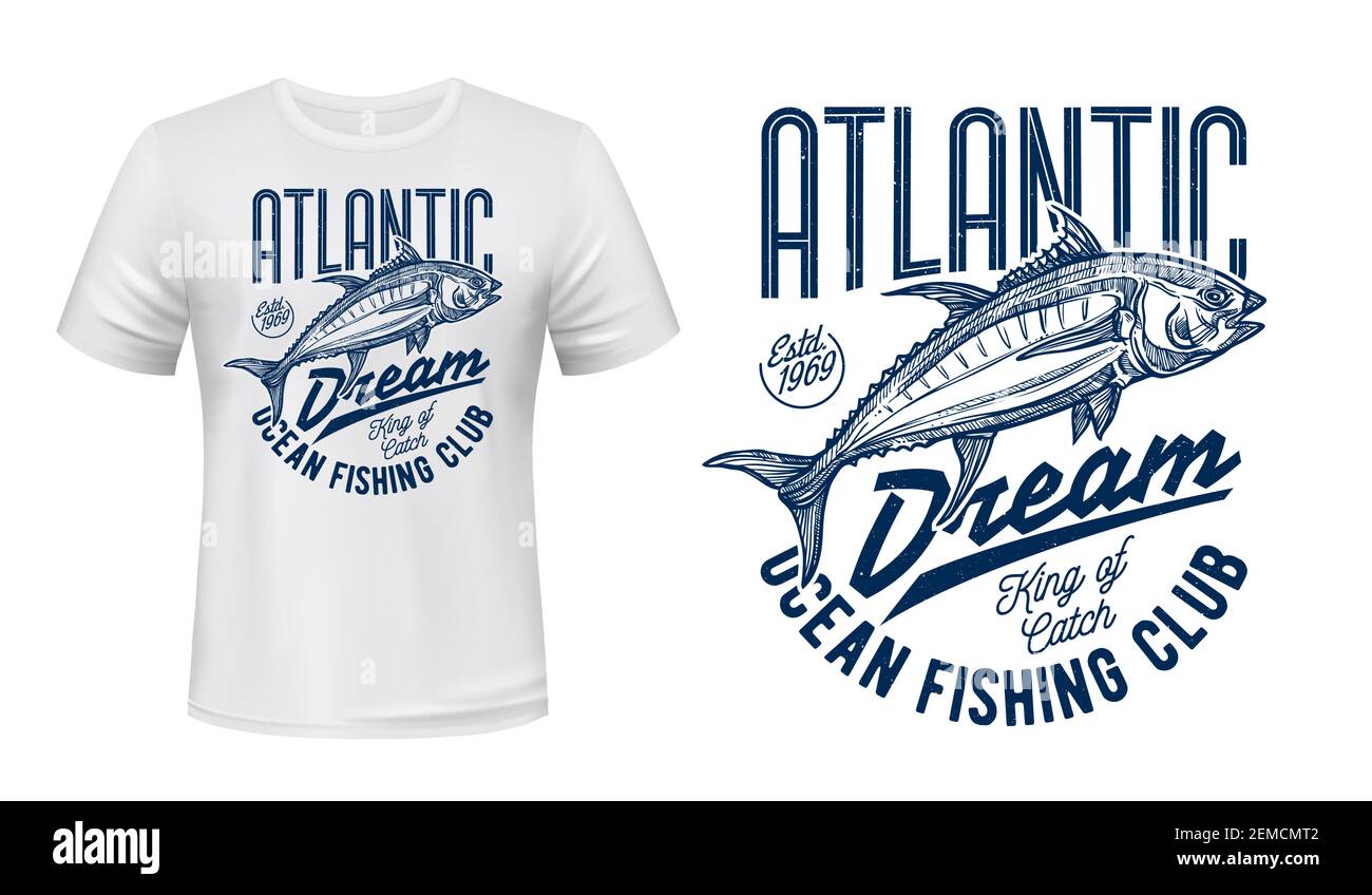 Tuna fish sketch of fishing sport and fisherman club t-shirt print ...