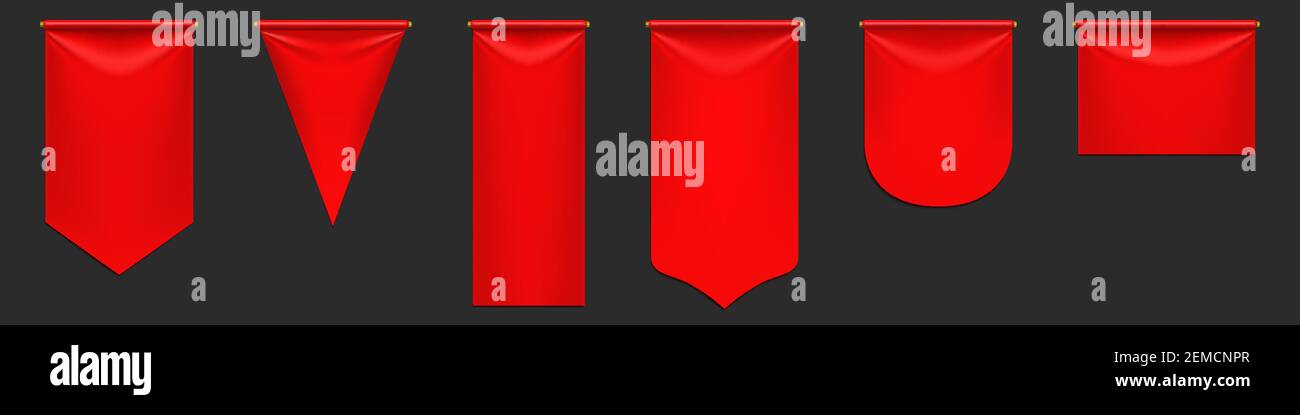 Red pennant flags mockup, blank hanging banners with rounded, pointed and straight edges. Medieval heraldic ensign template, scarlet canvas. Realistic 3d vector icons isolated on black background, set Stock Vector