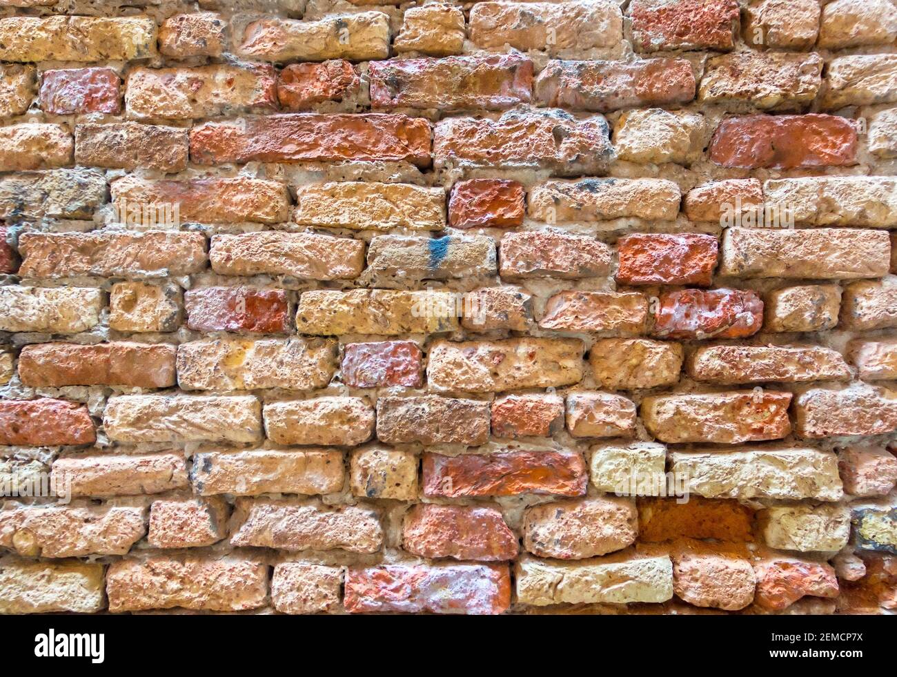 Empty Old Brick Wall Texture. Painted Distressed Wall Surface. Grungy Wide Brickwall. Stock Photo