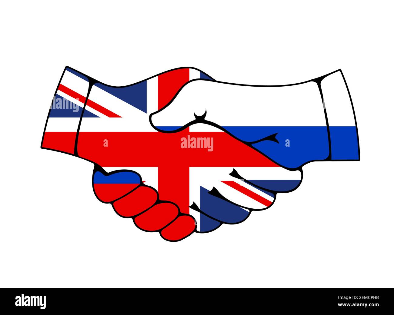 Russia and Great Britain collaboration partnership and cooperation, flag handshake vector icon. UK and Russian Federation international treaty, econom Stock Vector