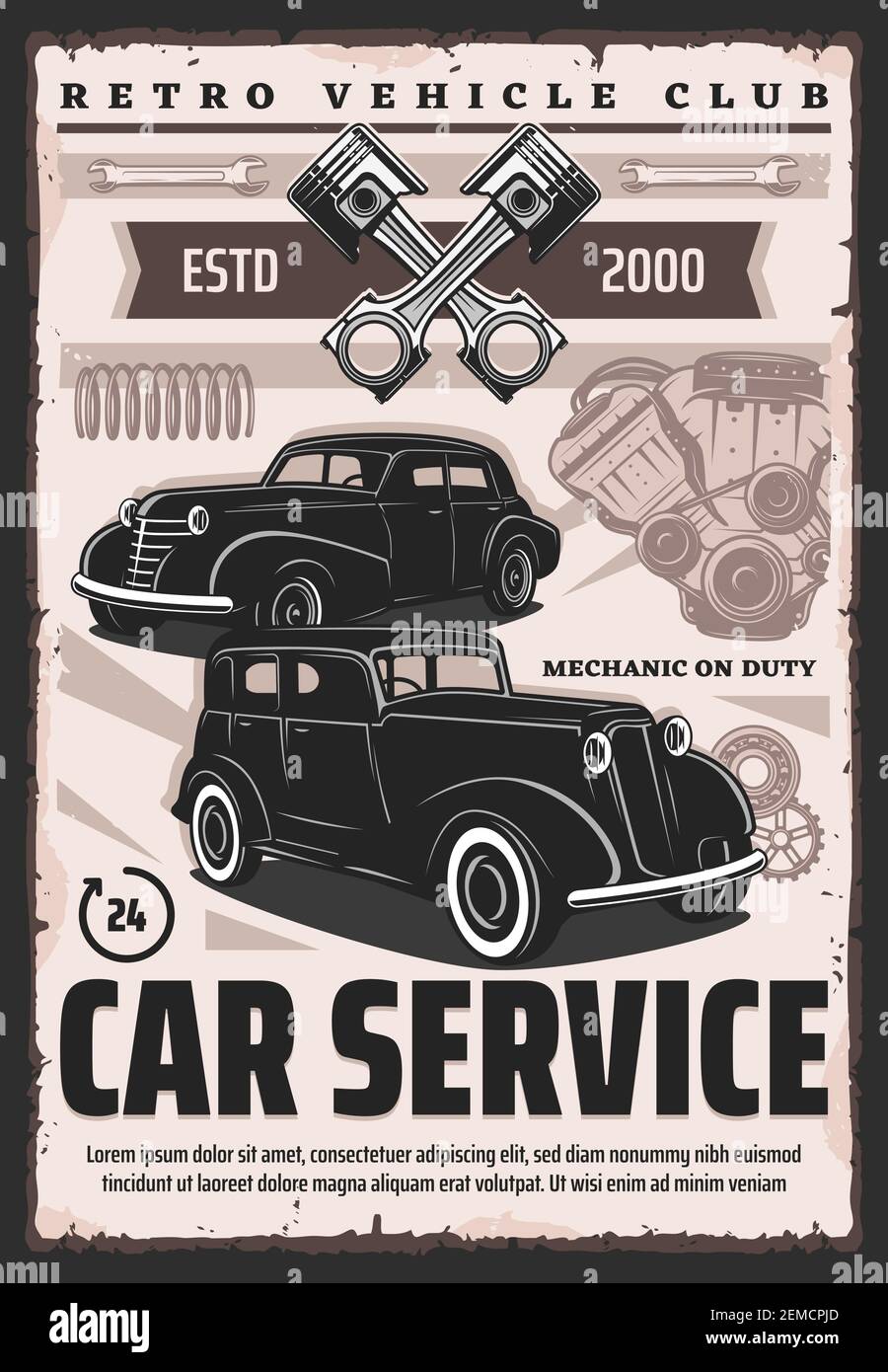 Retro garage service station poster. Vector vintage vehicle repair and