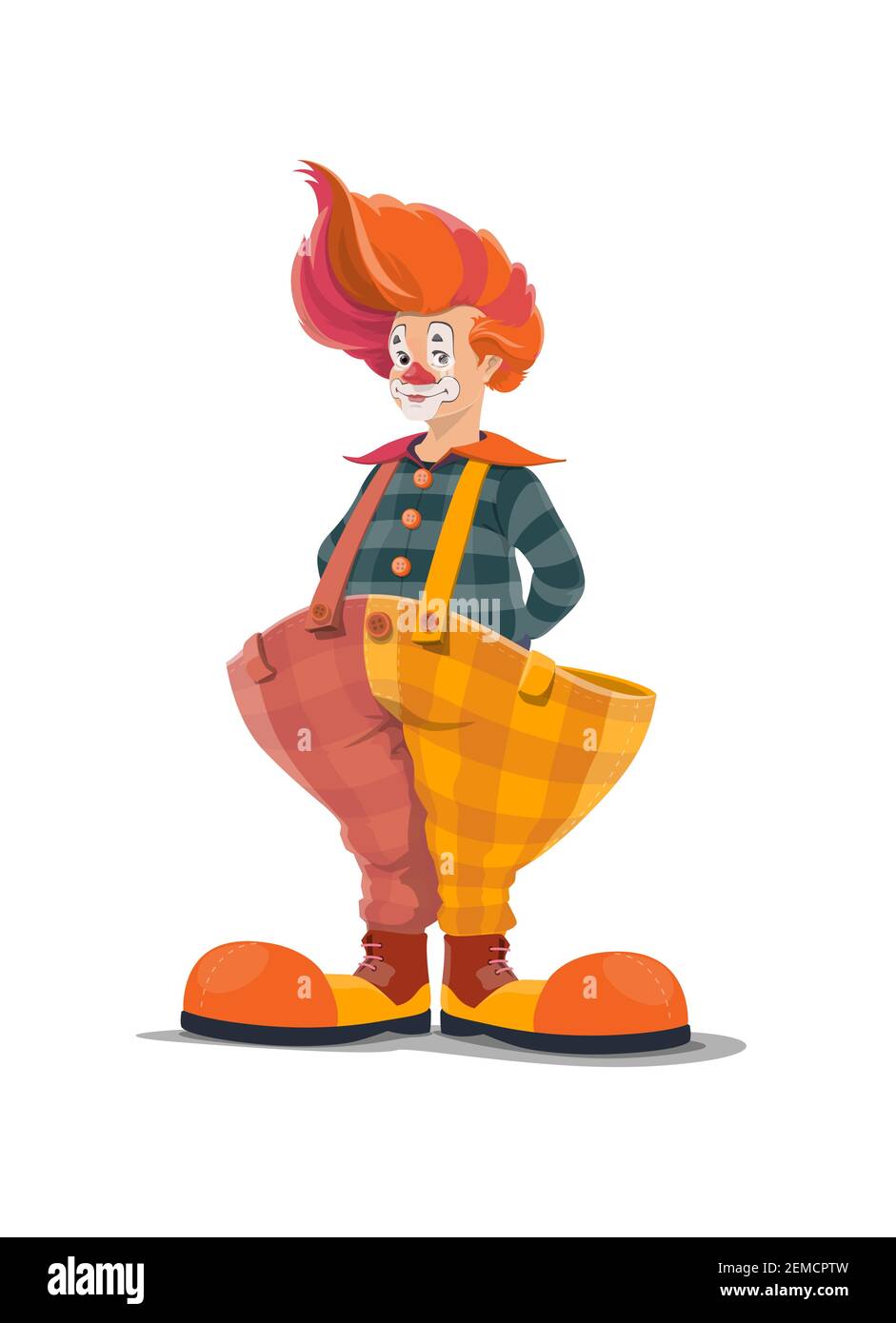 Clown, big top circus shapito clown, funfair carnival vector isolated cartoon character. Retro big top circus clown in red wig, big boots and wide pan Stock Vector