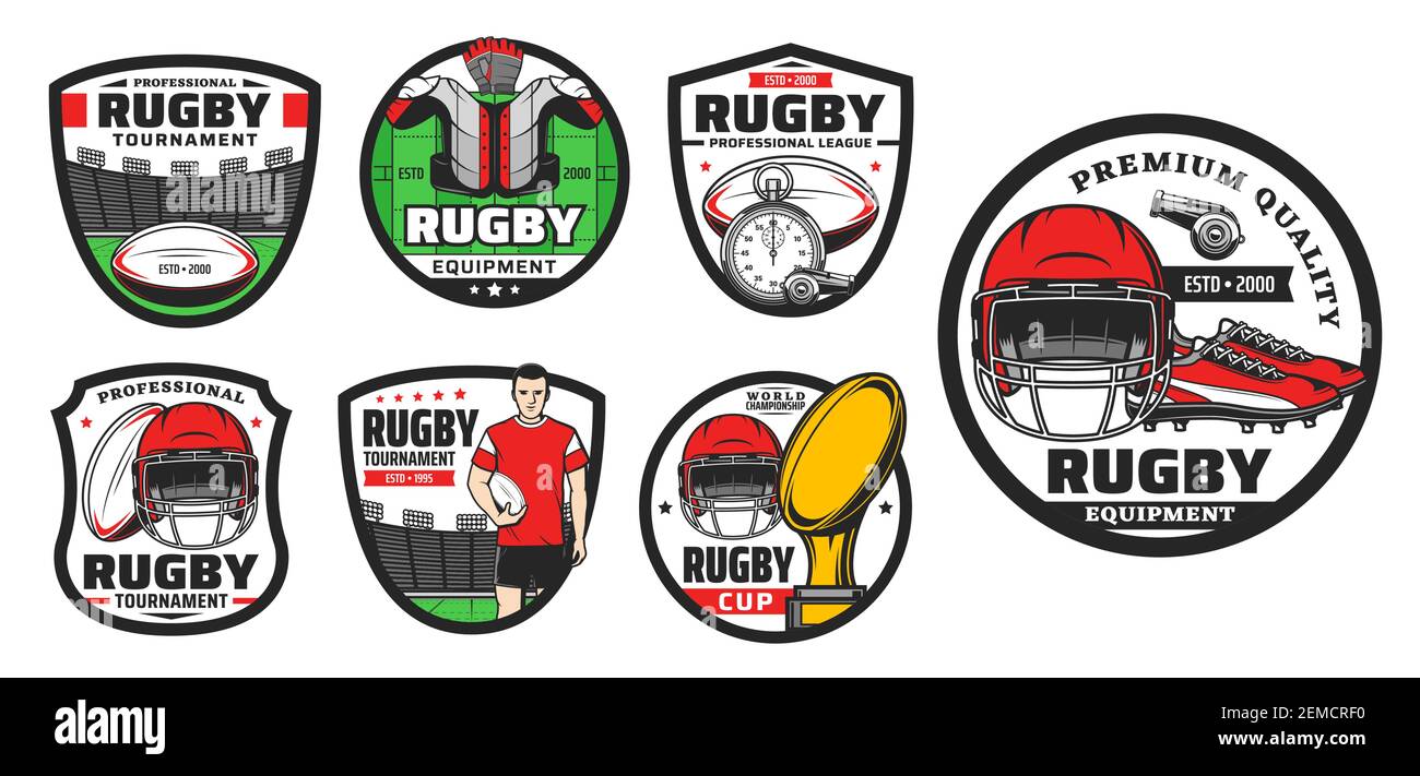 Rugby football sport game vector icons. Player, balls and play field, champion trophy cup, stadium and helmets, boots and jersey, referee whistles and Stock Vector