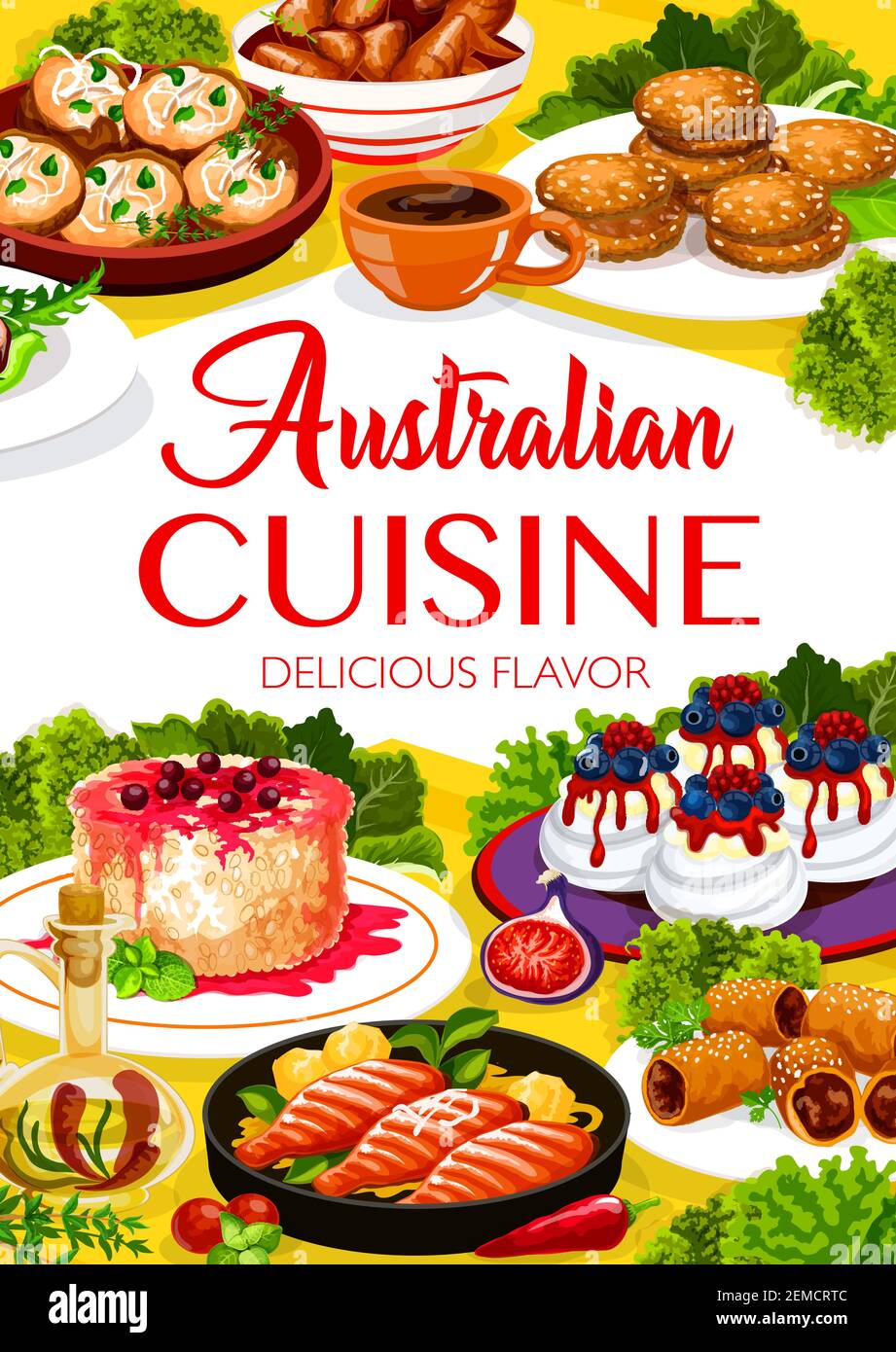 Australian dishes menu cover. Vector barbecue chicken wings, fish and drinks. Australian Pavlova pie, rice pudding, meat, in paff an Stock Vector Image & - Alamy